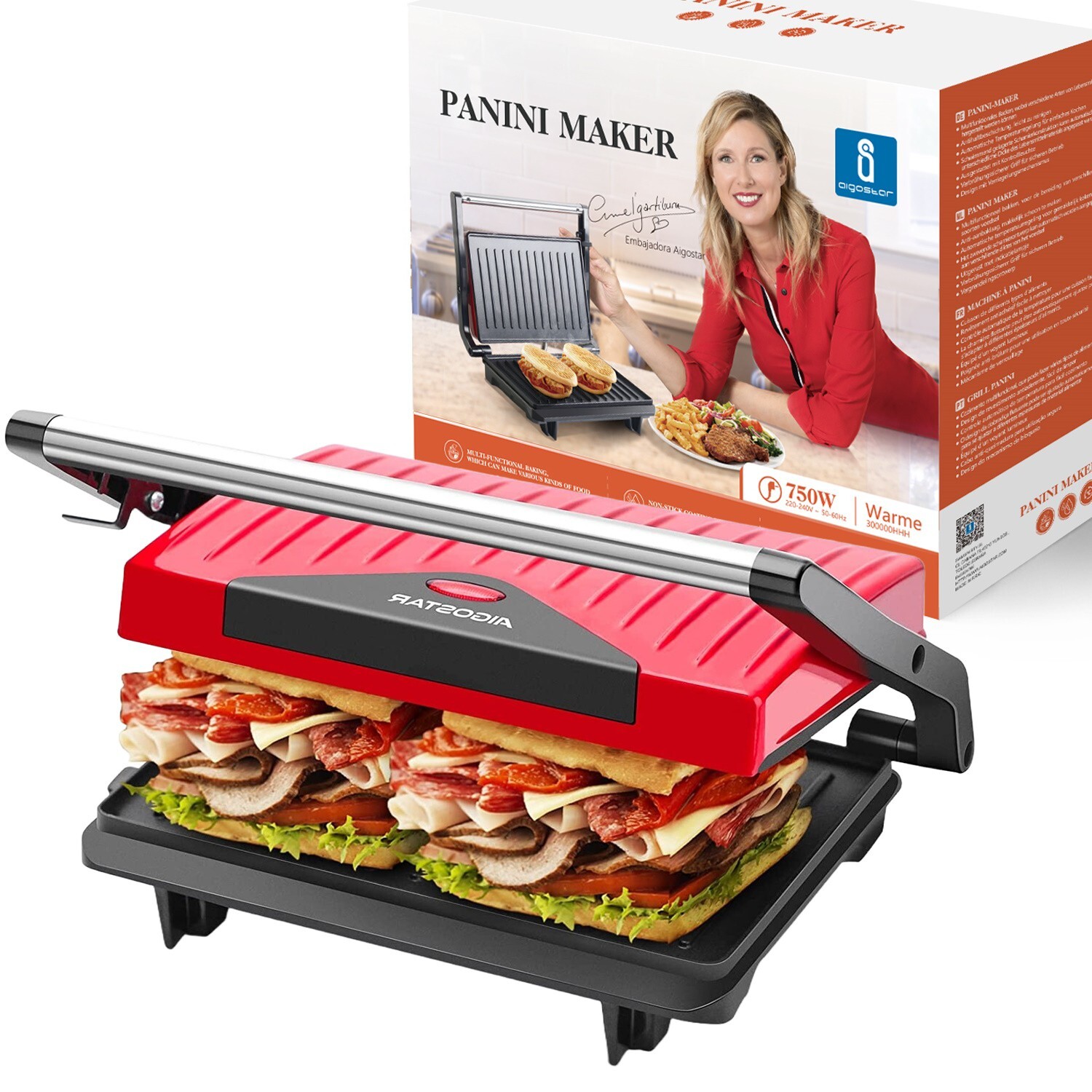 SANDWICH MAKER RED STEAK 750W NON-STICK PLATE AIGOSTAR