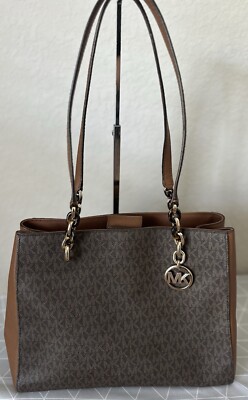 Michael Kors Tote Shoulder Bag Brown PVC Logo Monogram Medium Sofia Used