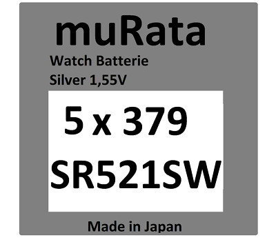 5x Murata/Sony 379 Uhren-Batterie Knopfzelle SR521SW SR521 AG0  Silberoxid