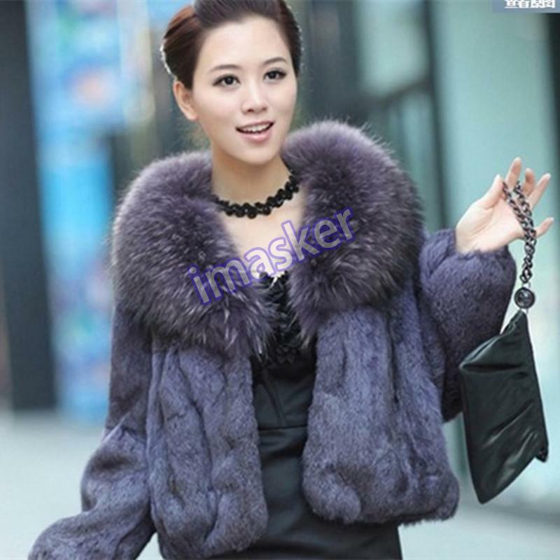 Mujer Cuello de Piel de Zorro Real Genuino Chaqueta de Piel de Conejo Prendas de abrigo Abrigo Invierno