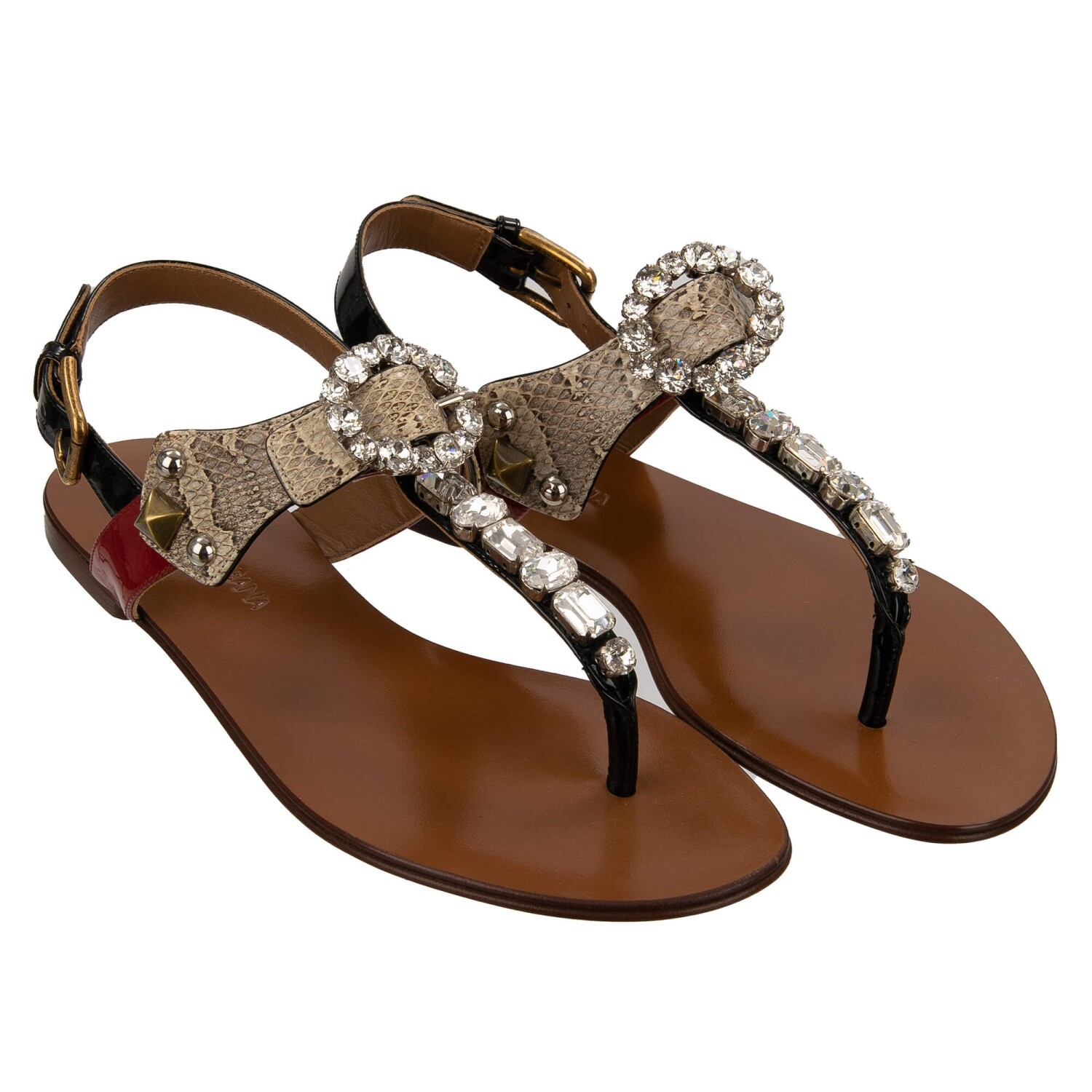 DOLCE & GABBANA Crystal Brooch Snake Strap Sandals Black Beige Red 36 6 12774