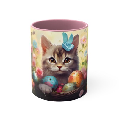 Colorful Coffee Mug 11oz Spring Flowers Cat Kitty Painted Egg Celebrating Easter