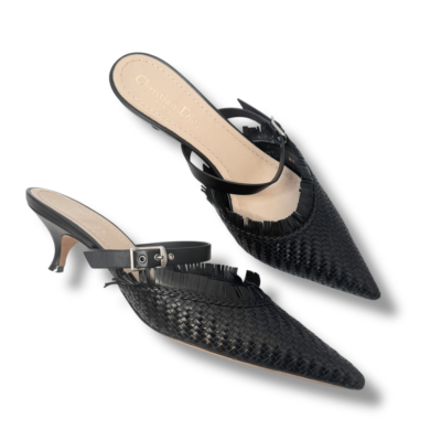 CHRISTIAN DIOR Lambskin Woven Teddy D Mule Sandals Black Kitten