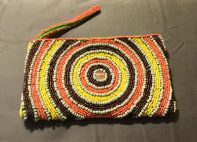 Vintage Handmade Seed Bead Zippered Wristlet Bag Beautiful Multi Color [S1-3]