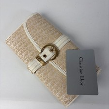 Christian Dior Portafoglio Lungo Trotter Belt Bianco Jacquard Tela Pelle Aute...