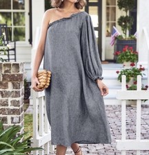 Lake The Milly One Shoulder Linen Dress Chambray Blue Size XS