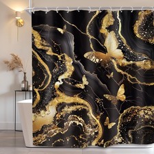 Abstract Black Gold Shower Curtain 60Wx72L Inch Modern Marble Golden Ink Text...