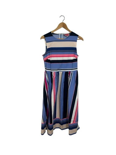 Abito Kate Spade iconico colorato berbero aderente e svasato a righe con cerniera esposta taglia 4