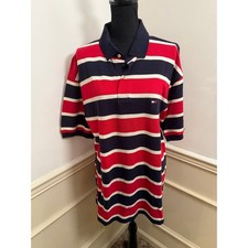 Vintage Tommy Hilfiger Striped Polo Shirt Red Navy White Y2K 90s Mens Preppy