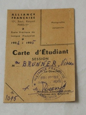 1954-55 alliance francaise Carte d'Etudiant for Vivian Brunner