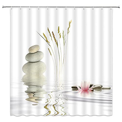 Asian Zen Stone Shower Curtain Lotus Flower Wild Grass Water Reflection Spa 