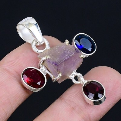 Ravishing Amethyst Rough, Iolite 925 Sterling Silver Jewelry Pendant 1.74''