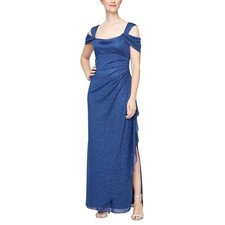 Alex Evenings Women's Long Cold Shoulder Dress, Mother of the Bride Blue Size 4P