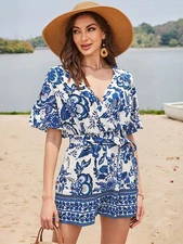 Womens Boho Floral Romper, Summer Short Sleeve Surplice Neck Jumpsuit Size Large