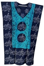 Cotton Batik Turquoise Elephant Caftan Maxi Dress Boho Resort Beach Cover Up