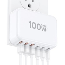 Fast Charger Block, GaN 6 Port USB C Charging Station Hub 100W-White, White