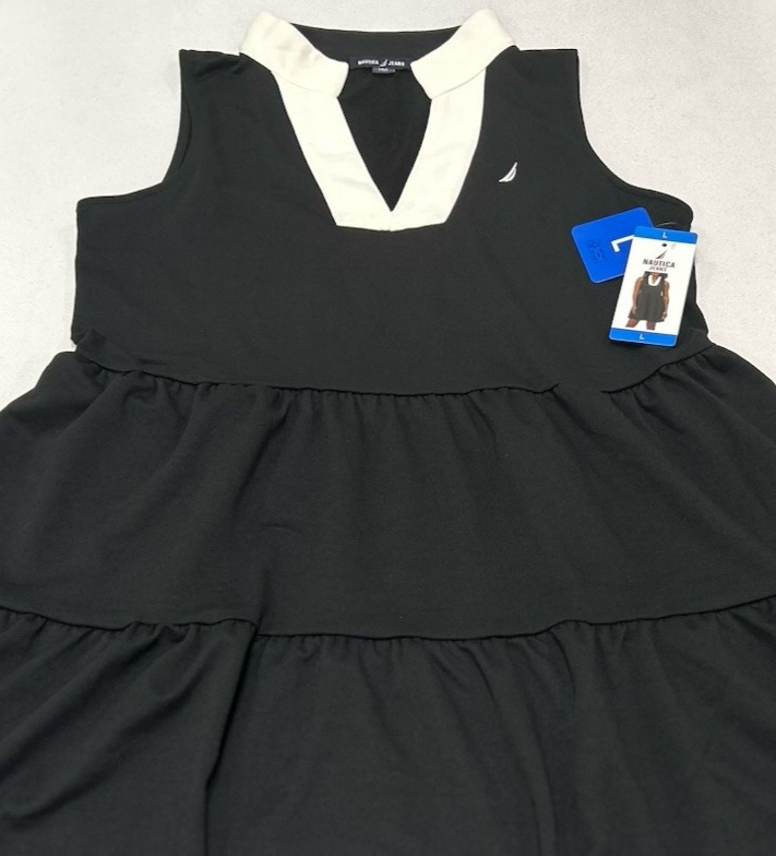 Nautica Jeans Women's Tiered Collar Sleeveless Mini Dress, Black, Size L