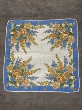Vintage Floral Handkerchief Blue Green Orange Yellow 13  X 12.5  Hanky Hankie