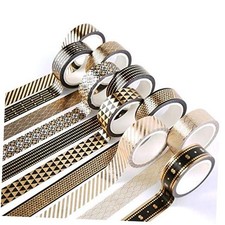 10 Rolls Washi Tape Set Black Gold Foil Print Decorative Black Gold x 10 Rolls