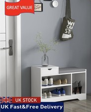 Shoe Bench Upholstered Entryway Storage Drawer Open Shelf White