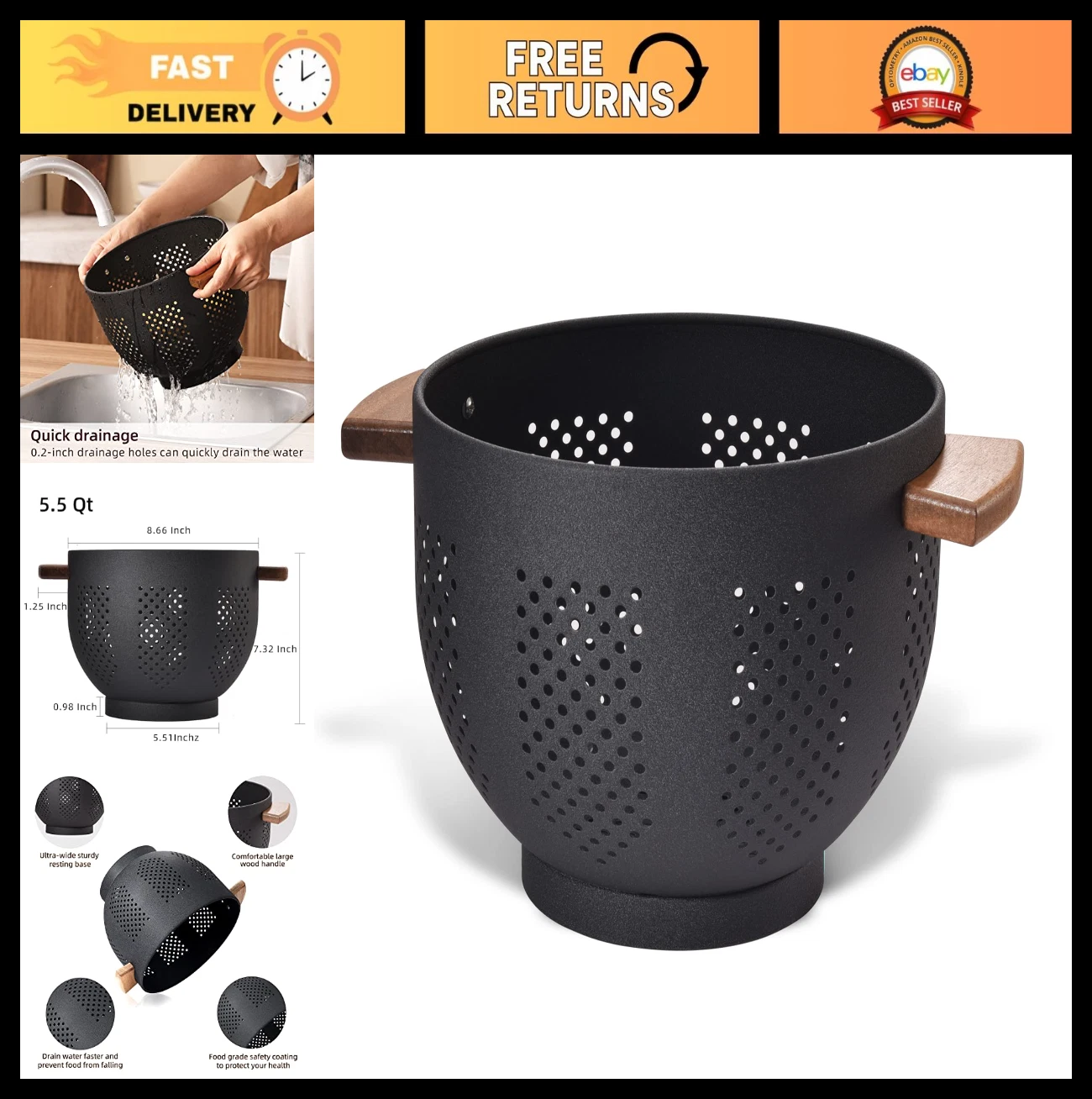 5.5 Quart Metal Colander with Wood Handle - Stable Base Kitchen Strainer for Pas