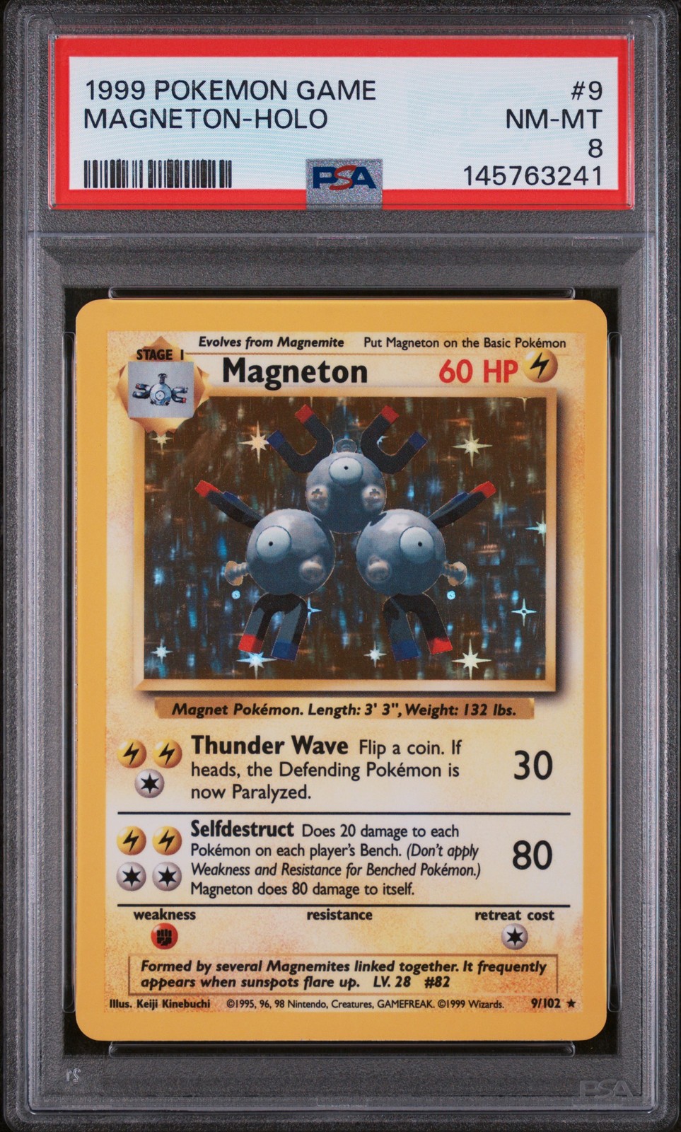 1999 POKEMON BASE SET UNLIMITED #9 MAGNETON-HOLO PSA 8