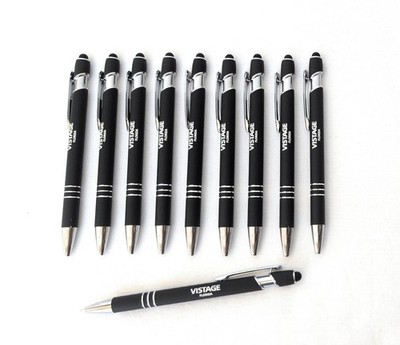 10ct Lot Misprint Metal Retractable BLACK Alpha Soft Touch Stylus Pens: BLUE INK