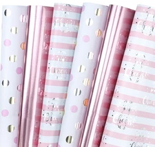 Pink Wrapping Paper - 12 Sheets Rose Gold and Pink Design Folded Flat for Wed...