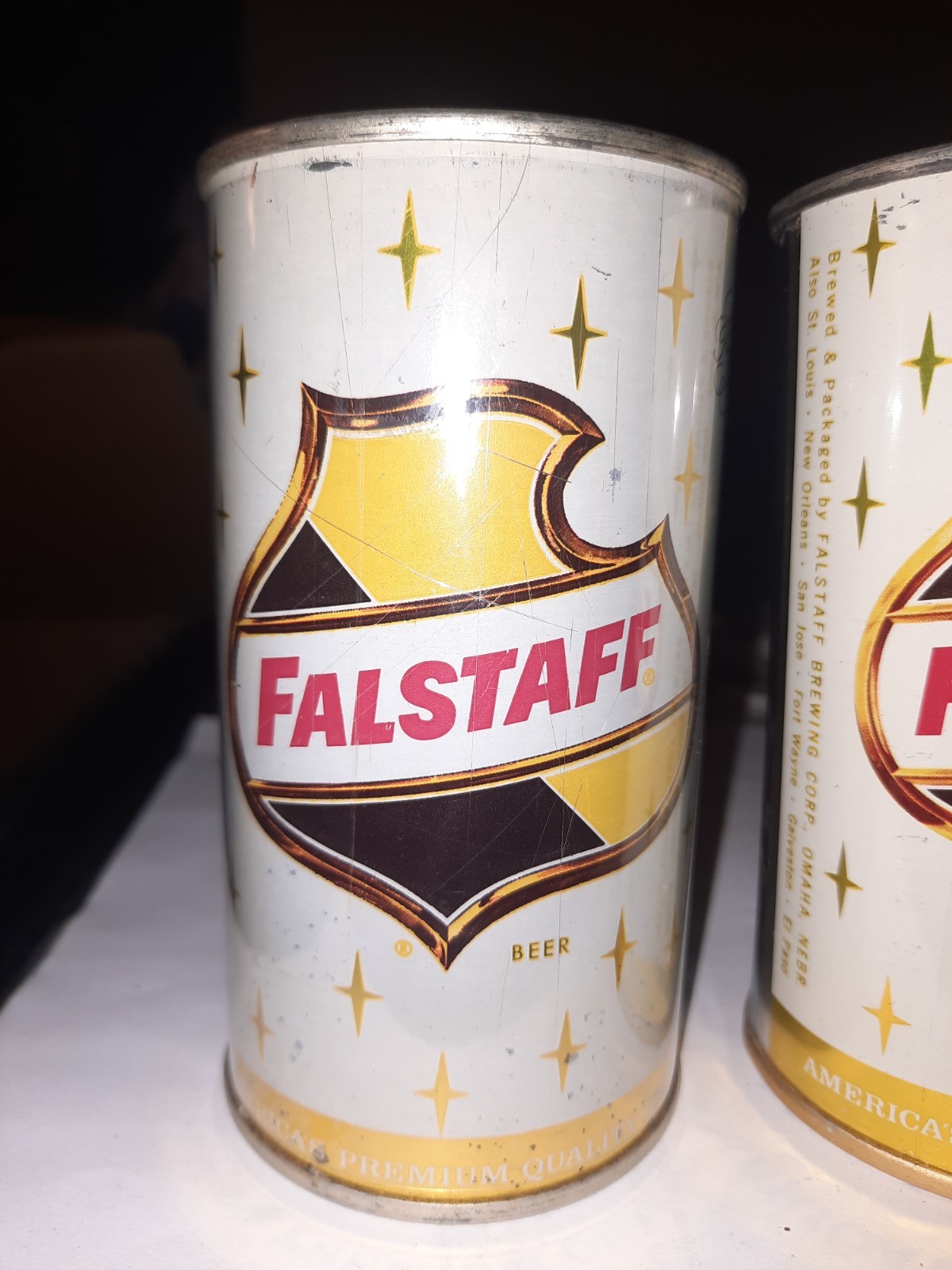 2 FALSTAFF BEER 2 BREWRIES EMPTY OPENED 12 OZ FLAT TOP STRAIGHT STEEL BEER CANS