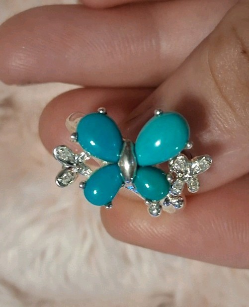 925 Sterling Silver Turquoise Butterfly Ring Blue Cabochon Size 6