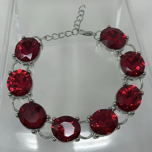 VALENTINO Bracciale Vintage Tono Argento Rosso Grande Cristallo Link 8 5”