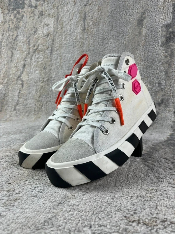 Off-White Vulcanized High Top Sneakers Mens 41 White Black Fuchsia Zip Tie image 6