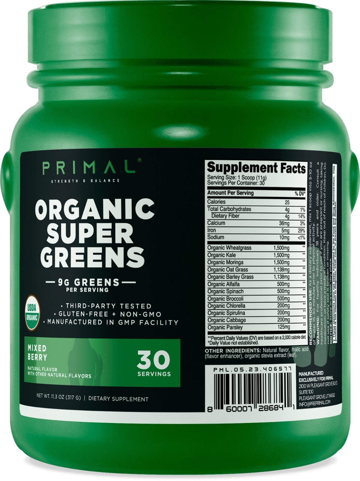 Primal Organic Super Greens (30 порций) (со смешанным ягодным вкусом) - Без глютена
