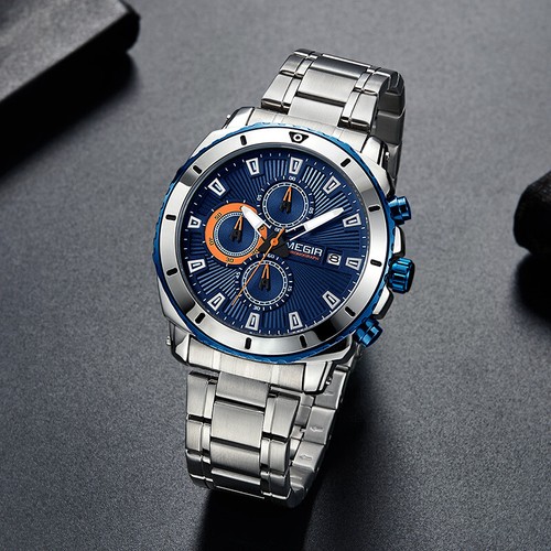 MEGIR Chronograph Men Quartz Watch Stainless Steel Business Wrist Watches - Picture 2 of 13