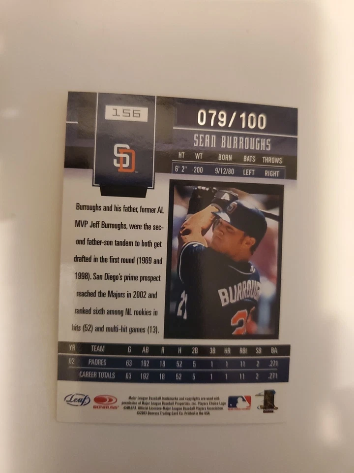 Sean Burroughs 2003 Leaf Certified Materials #156 Mirror Red Card #’D 079/100 - Image 2 of 4