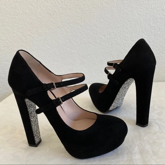 Miu Miu Black Suede Glitter Sole Mary Jane Heels, Size 38 - Image 2 of 4