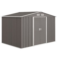 An image depicting Outsunny 9 x 6FT Galvanised Garden Storage Shed with Sliding Door, Grey