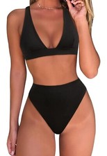 Fatty Tiger Women's  Swimsuit Size S two pieces High Waisted Bikini Black 