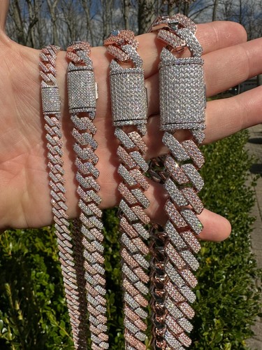 Collana MOISSANITE Miami maglia cubana punta catena argento 925 placcato oro rosa ghiaccio - Foto 6 di 24