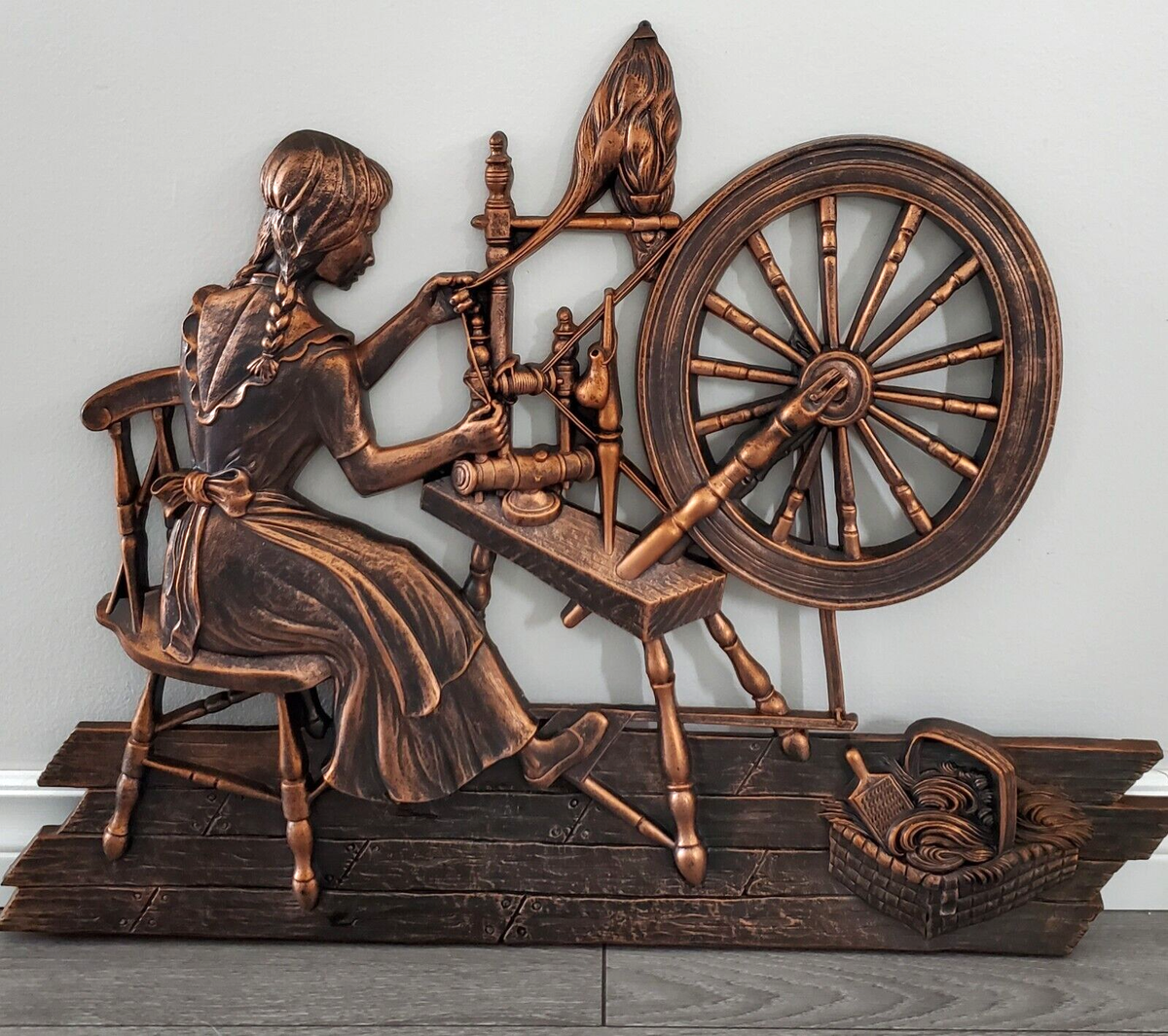 70's Coppercraft Guild 3D Art Wall Decor Woman & Spinning Wheel