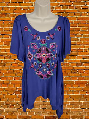 WOMENS MONSOON FUSION UK 10 PURPLE BEADED FLORAL HANKY HEM ANGEL SLEEVE BLOUSE
