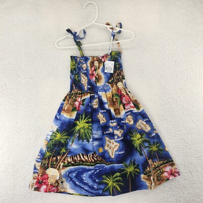 RJC Girls Hawaiian Dress Palms Blue Pink Sundress Made in HI