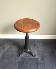 Industrial Singer Style Cast Iron & Oak Adjustable Factory Stool 1930s