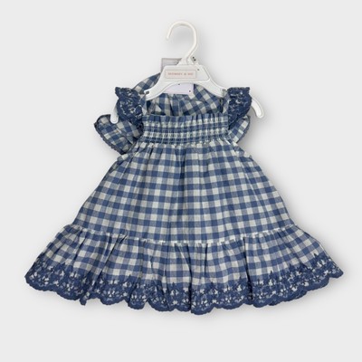 Shabby Chic Baby Girl Size 3-6M Blue Gingham Print Sun Dress Matching Hat Set
