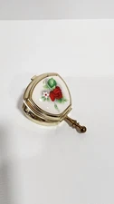 Vintage Ladies Pocket Ashtray Porcelain Red Roses Gold Tone 
