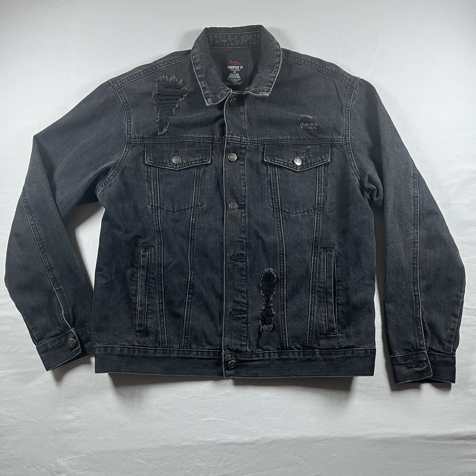 RARE ALPHONSE MUCHA X FOREVER 21 BLACK DISTRESSED DENIM JACKET LIMITED EDITION L