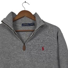 Polo Ralph Lauren Quarter Zip Sweater Mens L Grey Red Pony Cotton Knit Pullover