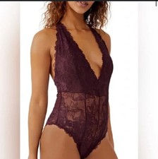 Free People Plum Jam Everyday Lace Bodysuit Size XS Sheer Deep V Floral 58