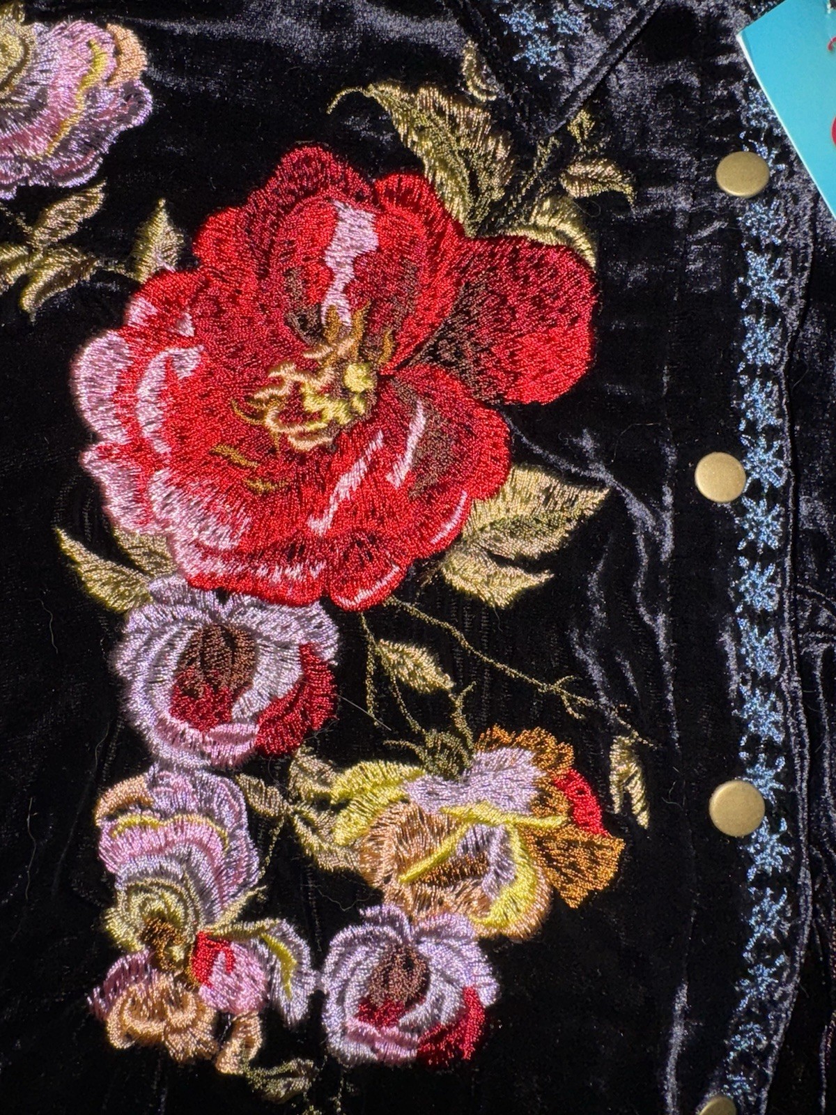 Johnny Was 1X 1XL Black Velvet Button Up Shirt Top Embroidered Long Sleeve NWT