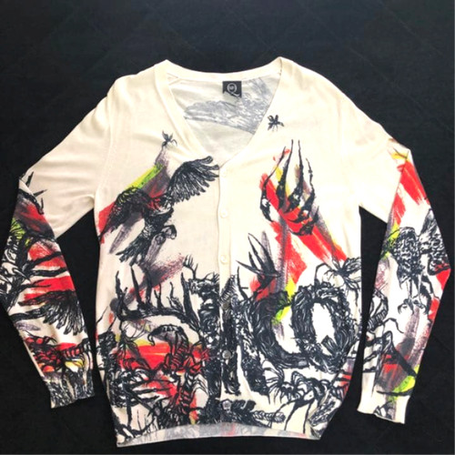Alexander McQueen, Alexander McQueen Birds Graphic Cardigan Men M White 2000s Vintage Auth